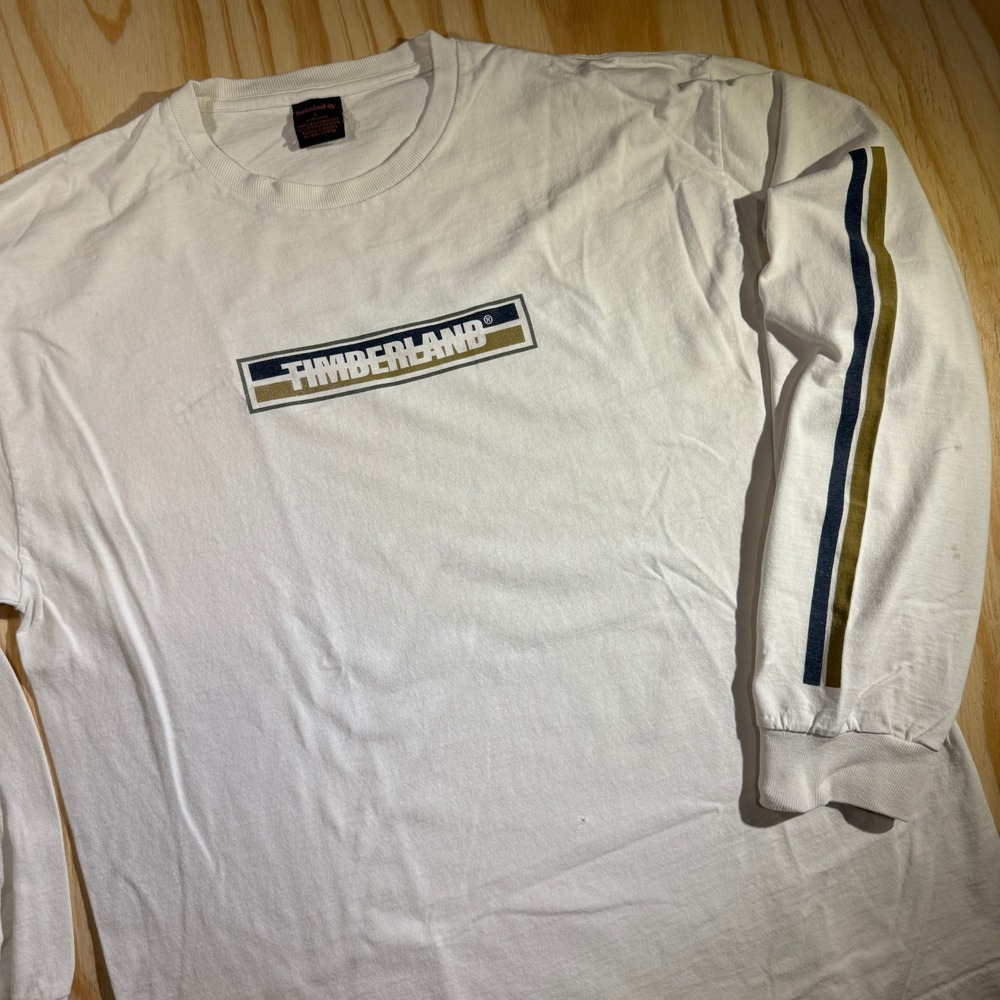 Timberland Men's Box Logo Sleeve Stripe Long Sleeve White Shirt Size L